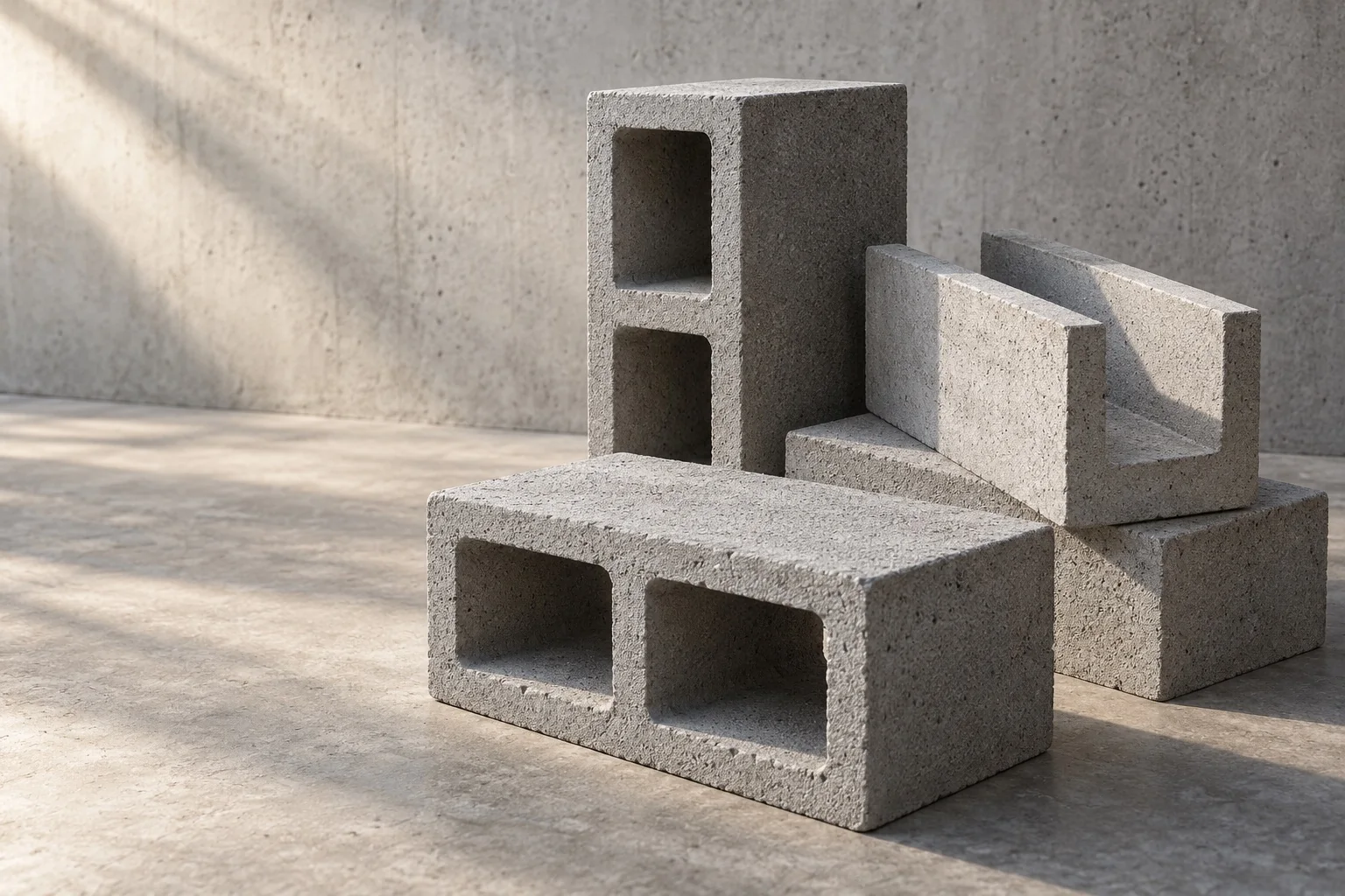 Composição ilustrativa de blocos e canaletas de concreto cinza